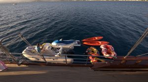 Jet-ski, water skis, and water sports equipment ready for charter guests on Berrak Su