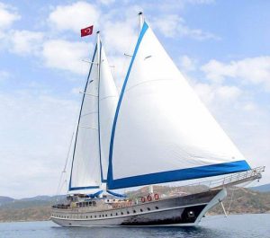 Exterior view of luxury gulet Prenses Selin chartered in Fethiye harbor.