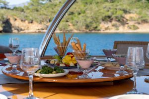 Private luxury gulet Silver Moon aft deck large dining table and lounge area