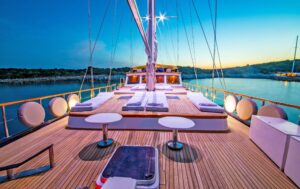 Charter 28m luxury motor yacht DEA DEL MARE in Bodrum. Features 5 premium cabins for 10 guests, 90Hp tender, Jet-Ski, and rich water toys. Book your blue cruise!