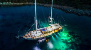 Charter 28m luxury motor yacht DEA DEL MARE in Bodrum. Features 5 premium cabins for 10 guests, 90Hp tender, Jet-Ski, and rich water toys. Book your blue cruise!