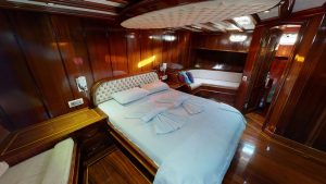 One of the luxurious and modernly designed comfortable cabins of Gulet Dear Lila with a 12-guest capacity.