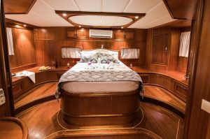 Comfortable and elegant guest cabin aboard Seven 1 luxury gulet