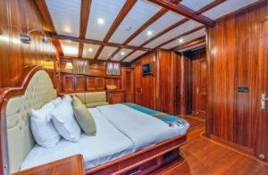 Comfortable and elegant guest cabin aboard Sema Tuana luxury gulet