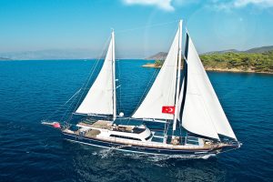 Sailing yacht on clear blue water