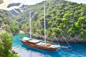 Lycian Queen 37m luxury gulet cruising along the Bodrum coastline