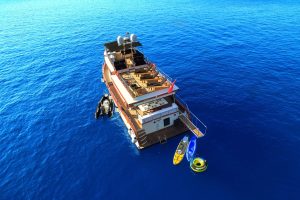 Water skis, paddleboard, and water sports equipment ready for charter guests on Maske 3