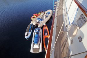 Jetski, water skis, and water sports equipment ready for charter guests on Ece Berrak
