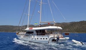 Luxury Gul Sultan gulet anchored in Bodrum harbor