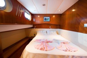 Comfortable and elegant guest cabin aboard White Rose luxury gulet