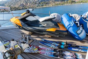 Jet ski, water skis, and water toys ready for charter guests on S Nur Taylan