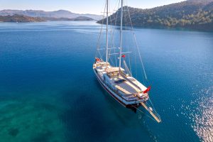 S Nur Taylan 35m luxury gulet cruising along the Marmaris coastline