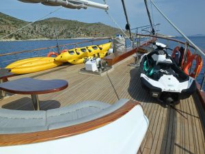 Jet ski, water skis, and water toys ready for charter guests on Kaptan Mehmet Bugra