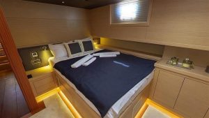 Comfortable and elegant guest cabin aboard Dragut luxury gulet