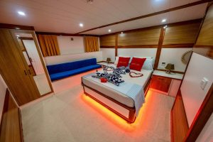 Ultra-luxurious and elegant guest cabin aboard Enjoy Life motor yacht