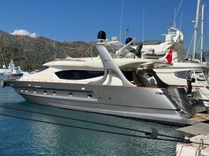 Blanco 29m luxury high-speed motor yacht cruising along the Fethiye coastline