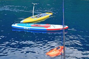 Seabob, water skis, and water sports equipment ready for charter guests on Blanco