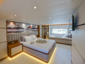 Ultra-luxurious and elegant guest cabin aboard Floki motor yacht