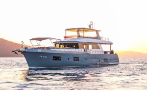 Floki 25m luxury motor yacht cruising along the Gocek coastline