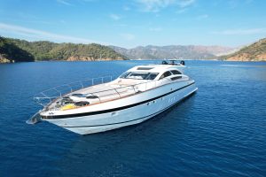 Goldfinger 28m luxury high-speed motor yacht cruising along the Athens coastline