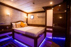 Comfortable and elegant guest cabin aboard Queen of RTT luxury gulet