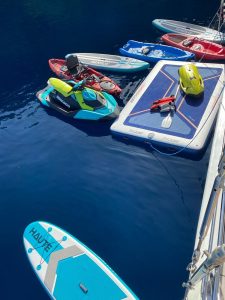Tender, seabob, wakeboard, and water toys ready for charter guests on Queen of RTT