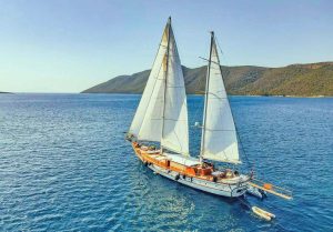 Luxury Babylon gulet anchored in Bodrum harbor