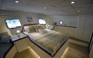 Comfortable and elegant guest cabin aboard Derya Deniz luxury gulet