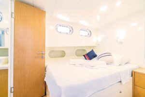 Comfortable and elegant guest cabin aboard Vamos 1 luxury motor yacht