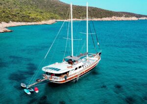 Bodrum Queen 27m luxury gulet cruising along the Bodrum coastline