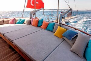 Traditional wooden deck and al fresco dining area on Bodrum Queen