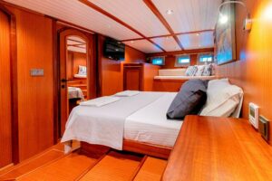 Comfortable and elegant guest cabin aboard Bodrum Queen luxury gulet