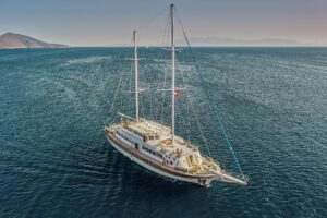 Luxury wooden yacht Boreas anchored during a blue cruise