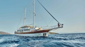 Luxury wooden yacht Boreas anchored during a blue cruise
