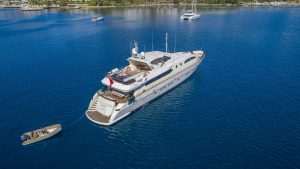 Luxury motor yacht SANREF for charter cruising in Bodrum, 35m premium charter yacht Turkey.