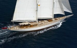 Gweilo 47.4m luxury sailing yacht cruising under full sail on open international waters