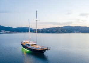 Happy Days 26.50m luxury gulet cruising along the scenic coastline
