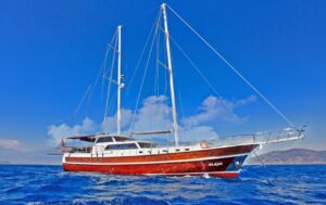 Maya 26.50m luxury gulet cruising along the Göcek coastline