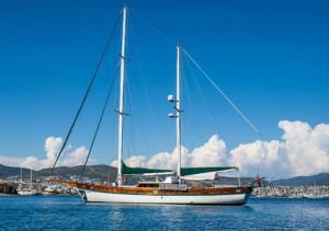 Classic A.Eser gulet anchored in Bodrum harbor