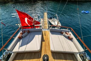 Exterior drone shot of 40-meter luxury charter Gulet Caustic in Gocek bays Turkey.