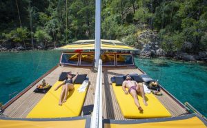 Elegance 26m luxury gulet cruising along the Göcek coastline