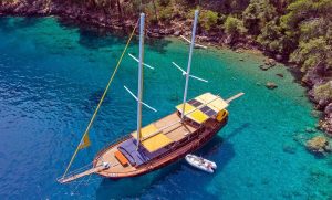 Elegance 26m luxury gulet cruising along the Göcek coastline