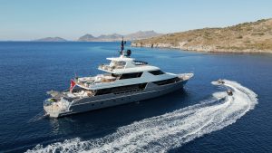 40-meter luxury motor yacht Illusion II anchored in Bodrum harbor