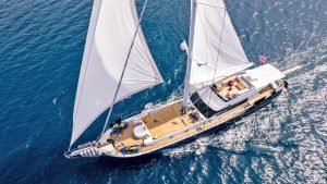 Pura Vida 35m luxury gulet cruising under full sail in Marmaris