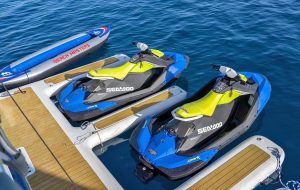High-performance jetskis and seabobs ready for charter guests on Pura Vida