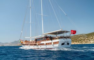 External view of the 30-meter luxury wooden gulet Ametist A cruising off the coast of Bodrum