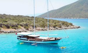 External view of the 30-meter luxury wooden gulet Ametist A cruising off the coast of Bodrum