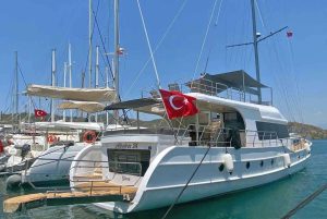 Exterior view of the 25-meter luxury charter gulet M/S Albatros M anchored in Gocek bays