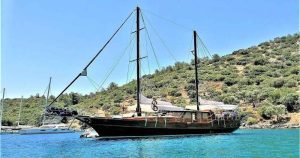 20-meter traditional wooden gulet Golden Joy M/S anchored in Bodrum