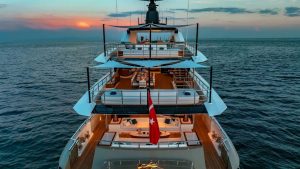 Exterior view of the 50-meter ultra-luxury superyacht Eternal Spark cruising in Bodrum bays